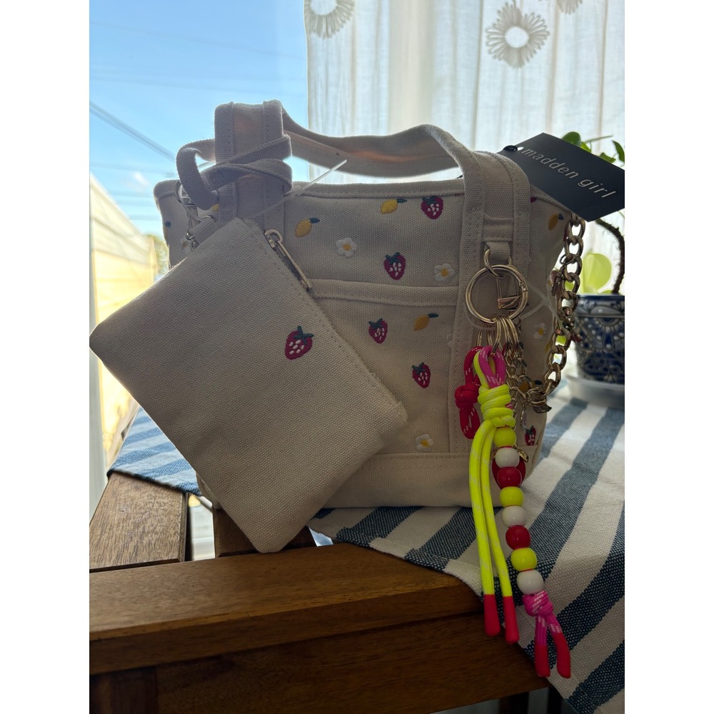 Madden Girl Natural Multi Fruit Embroidered Canvas Mini Tote Bag MG245214 NWT
